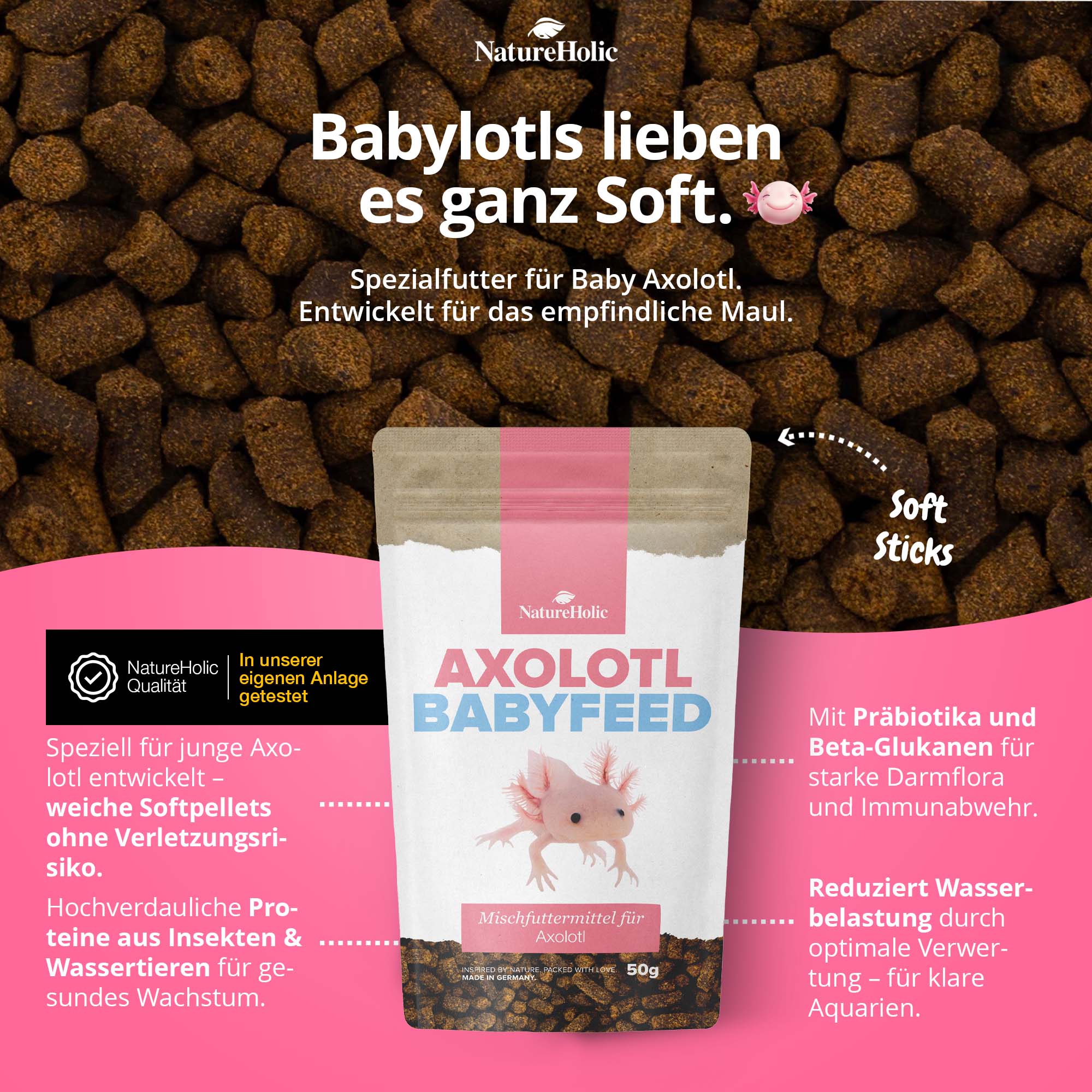 Packung Axolotl Babyfeed Softpellets, weiß-rosa Verpackung